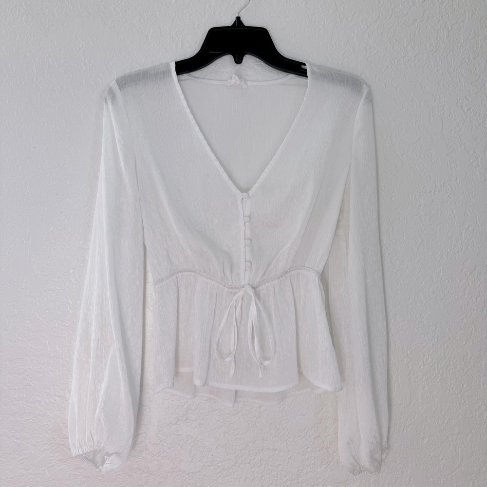 Le Lis Cool White Peasant Top - Long Sleeve - Drawstring Waist - Size Small